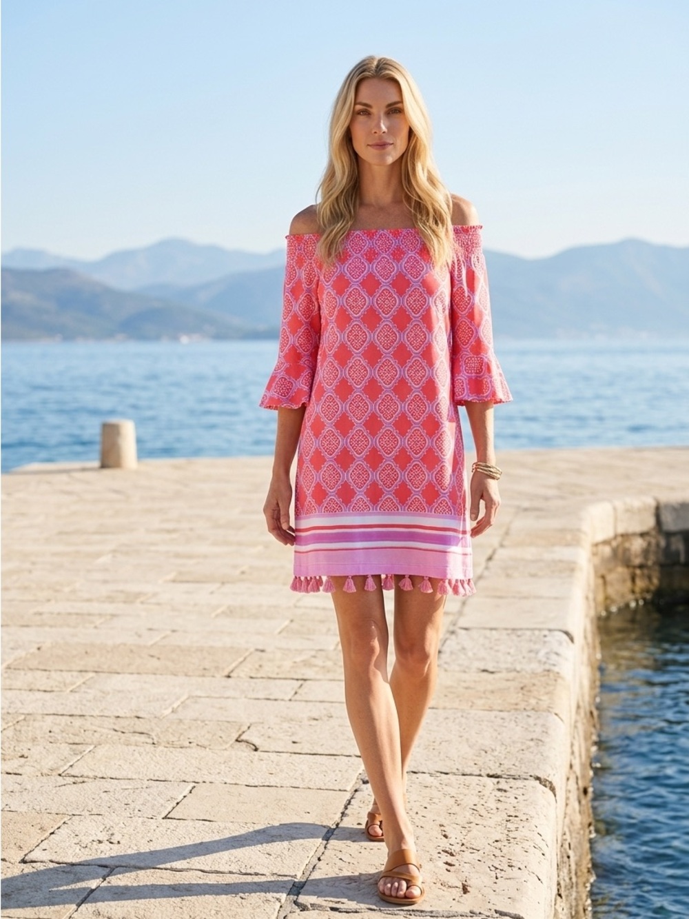 Cabana Life Pink/Coral Patterned Off-Shoulder Dress